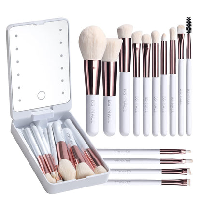 ✨Travel Makeup Brush Set With LED Light Mirror (🔥14PCS Brush And 🎁Free Makeup Sponge)