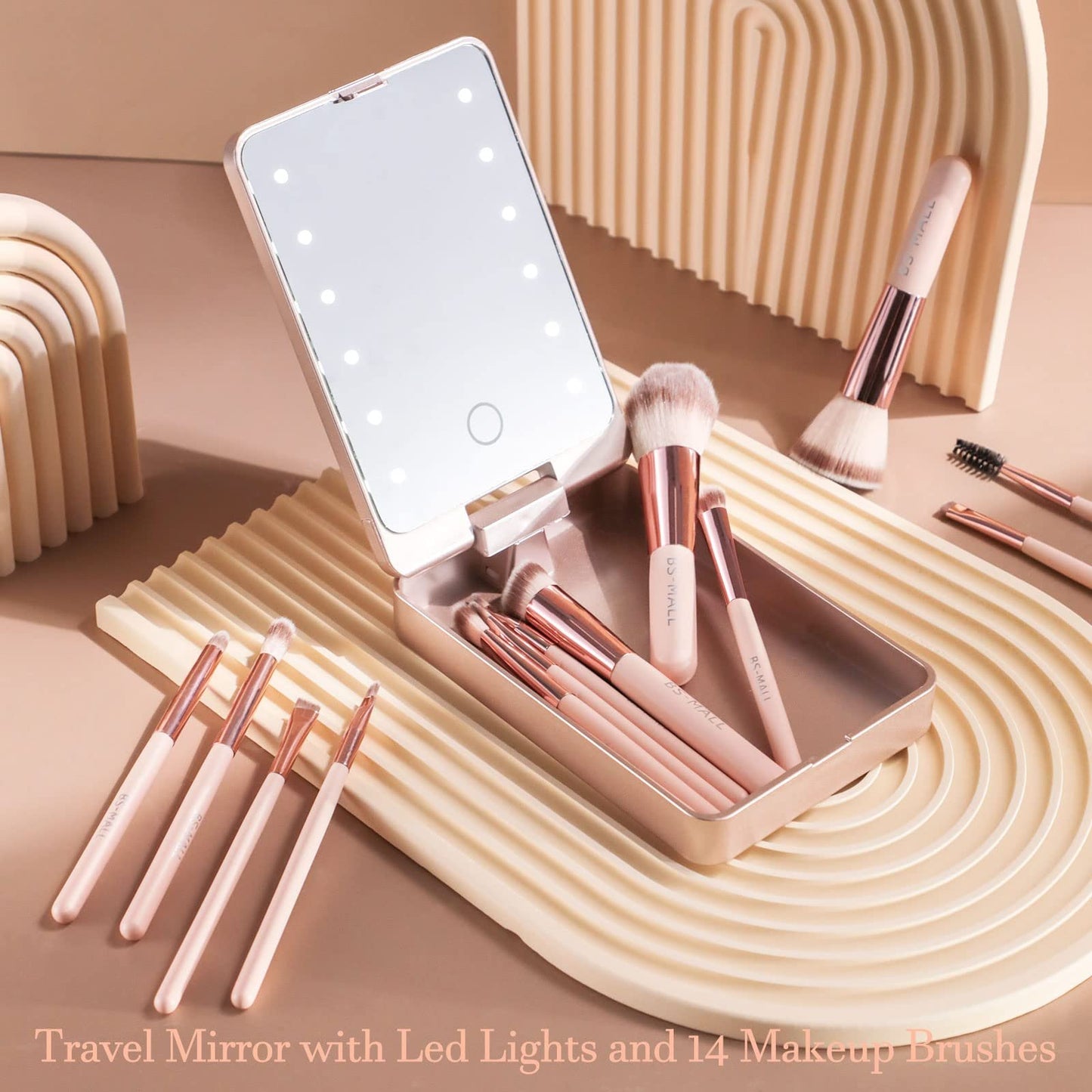 ✨Travel Makeup Brush Set With LED Light Mirror (🔥14PCS Brush And 🎁Free Makeup Sponge)