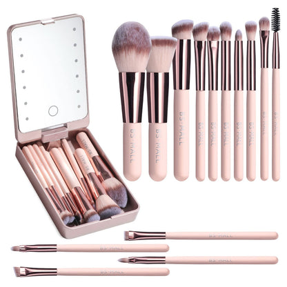 ✨Travel Makeup Brush Set With LED Light Mirror (🔥14PCS Brush And 🎁Free Makeup Sponge)