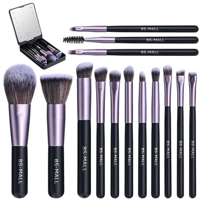 ✨Travel Makeup Brush Set With LED Light Mirror (🔥14PCS Brush And 🎁Free Makeup Sponge)