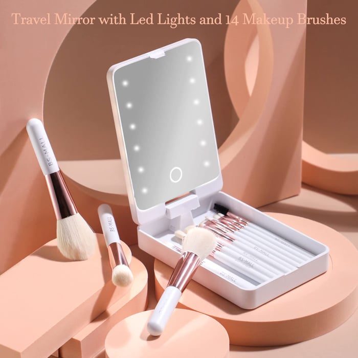 ✨Travel Makeup Brush Set With LED Light Mirror (🔥14PCS Brush And 🎁Free Makeup Sponge)